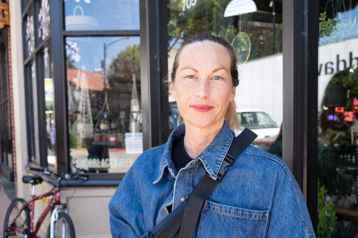 Bernadette Miller, from Santa Margarita, poses for a portrait in downtown San Luis Obispo on May 3, 2022. She said the draft of the SCOTUS opinion about the fate of Roe v. Wade was frightening.