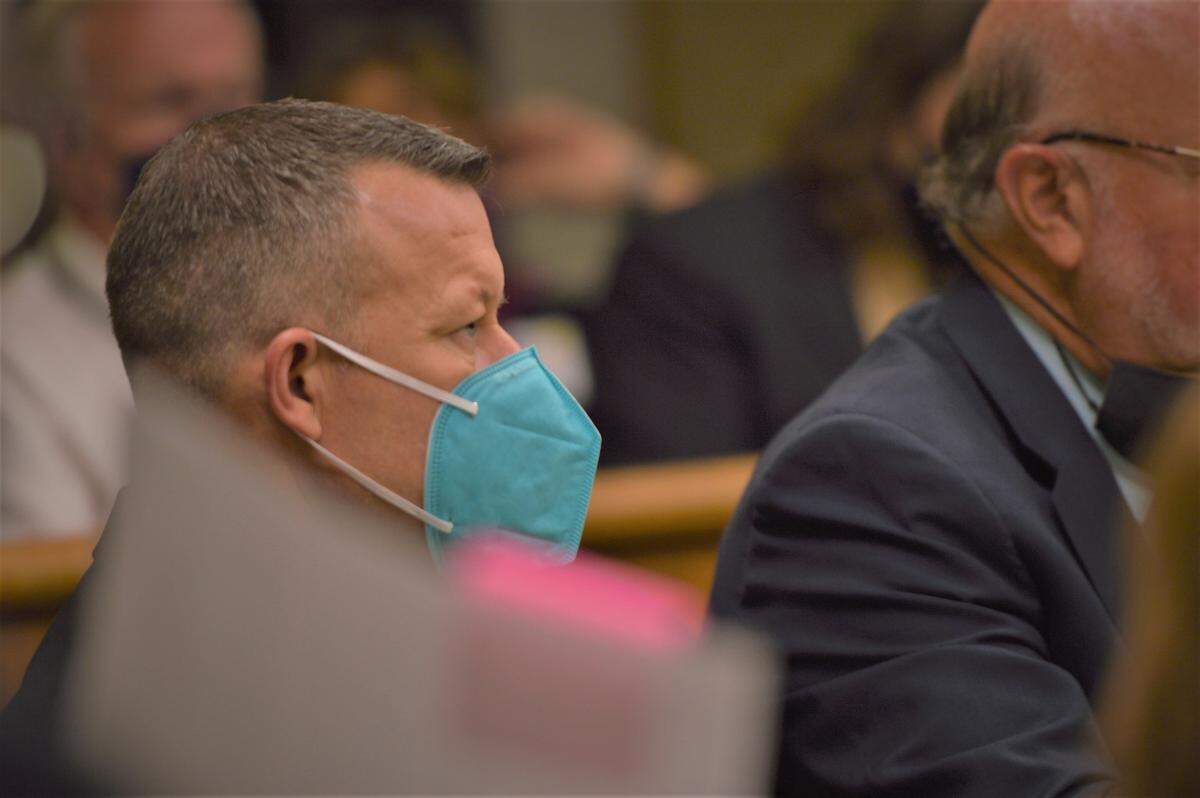 Paul Flores, 44, listens to testimony at his preliminary hearing in San Luis Obispo Superior Court on Monday, August 23, 2021. He faces a charge of murder for the alleged killing of Cal Poly freshman Kristin Smart in 1996.