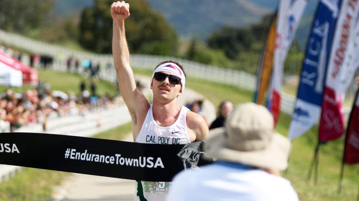 Cal Poly senior Landon Woollard finishes in first place at the 2018 San Luis Obispo Marathon on April 29, 2018.