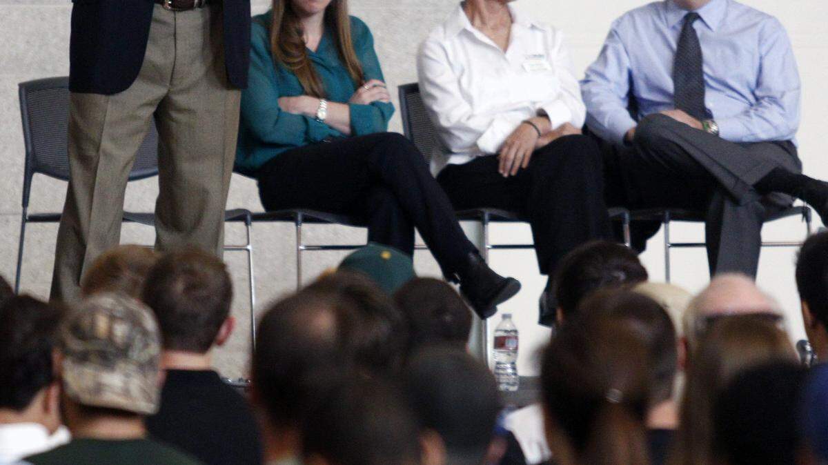 Cal Poly President Jeffrey Armstrong talks to students, faculty and city residents at a forum Thursday about last weekend's 'St. Fratty's Day' party and roof collapse that injured several students.