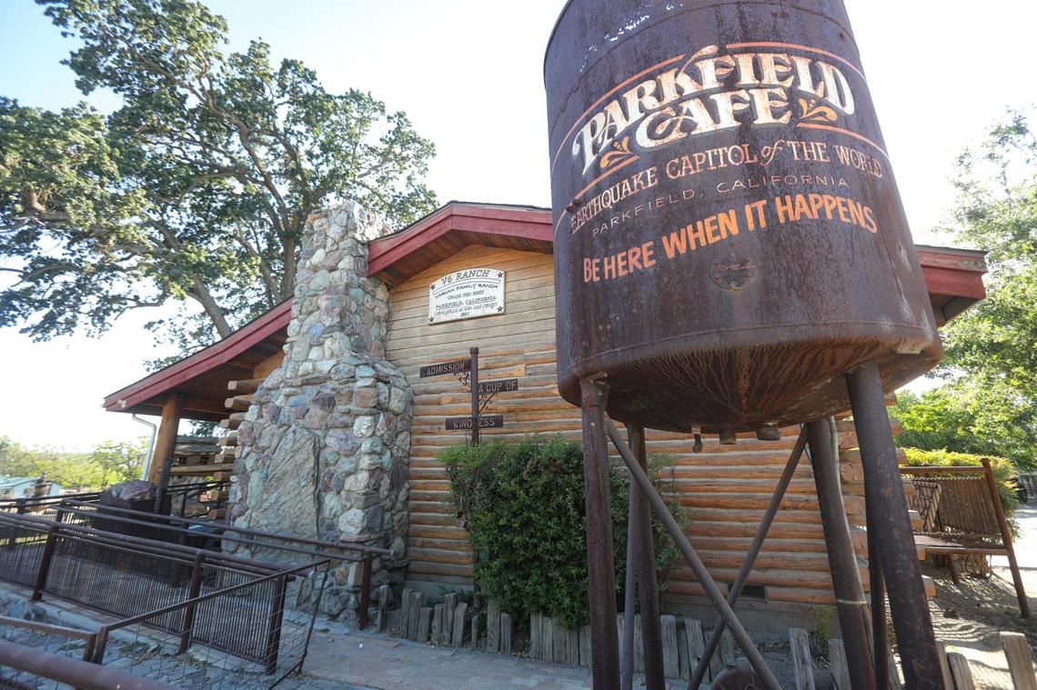 A water tower outside the Parkfield Cafe informs visitors they are in the Earthquake Capitol of the World