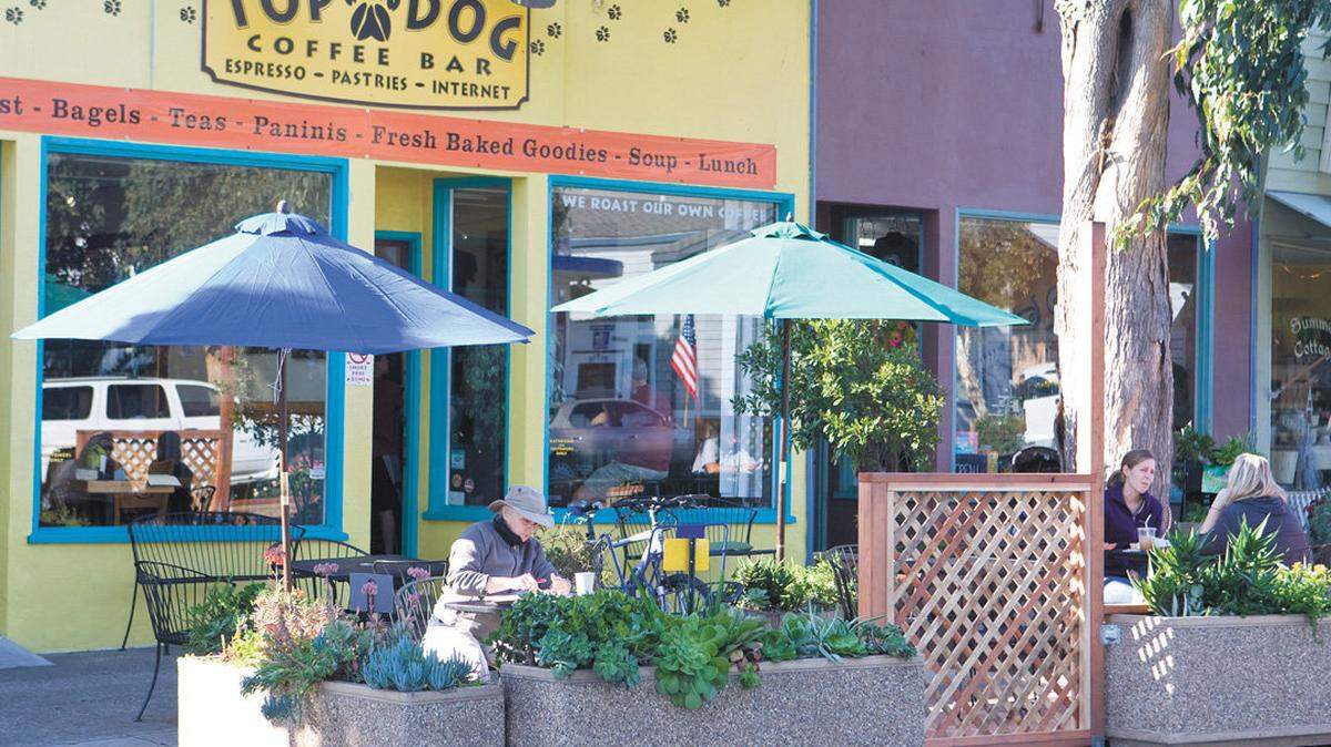 Two parking places have been turned into a sitting area in front of Top Dog Coffee Bar in Morro Bay.