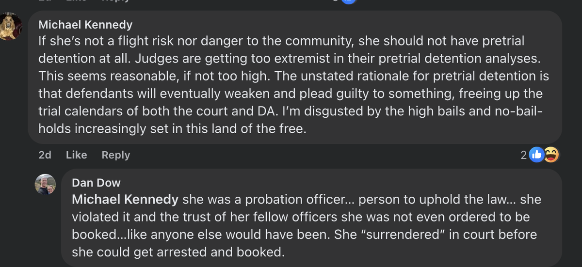 San Luis Obispo County District Attorney Dan Dow responds to a comment on Facebook under his post criticizing San Luis Obispo Superior Court Judge Barry LaBarbera’s decision to arraign former San Luis Obispo County probation officer Fallyn Rollins without her being booked into jail on Feb. 7, 2025.