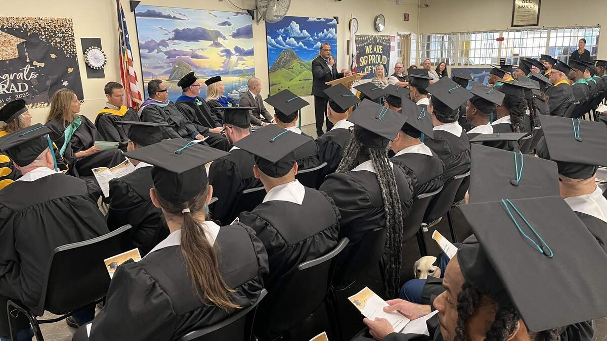 California Men’s Colony Capt. Manuel Rocha addresses graduates, educators and administrators of the Rising Scholars Program on Oct. 30, 2025.