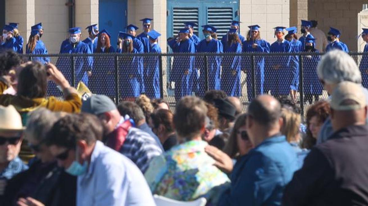 Morro Bay High School held its 2021 graduation ceremony in its football stadium on Wednesday, June 9, 2021. California schools now are seeing COVID-19 outbreaks after some dances as they prepare Class of 2022 graduation events.