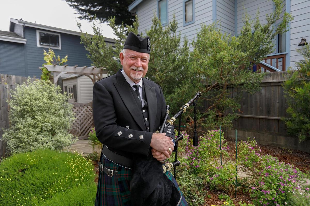 Former competitive piper Neal Dundas plays every other week from a blufftop in Cambria, California, delighting hikers on Fiscalini Ranch Preserve trail with sounds from 1938 set of Lawries.