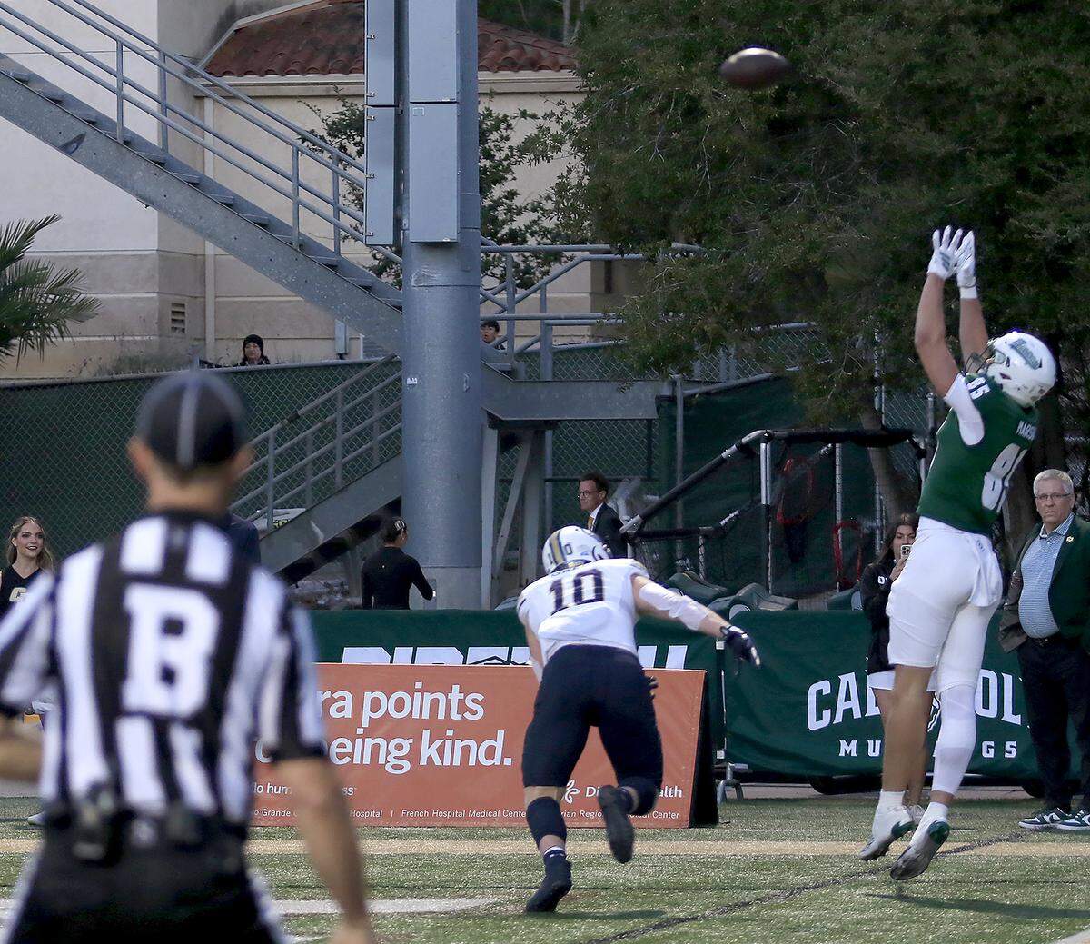 Tight end Alek Marshall leaps for a catch. Cal Poly fell to Montana State 34-17 in a college football game at Mustang Memorial Field on Oct. 25, 2025.