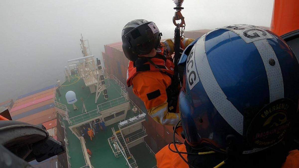 An MH-65 Dolphin helicopter crew from Air Station San Francisco Forward Operating Base medevaced an injured man Friday from a commercial cargo ship more than 46 miles west of San Luis Obispo.