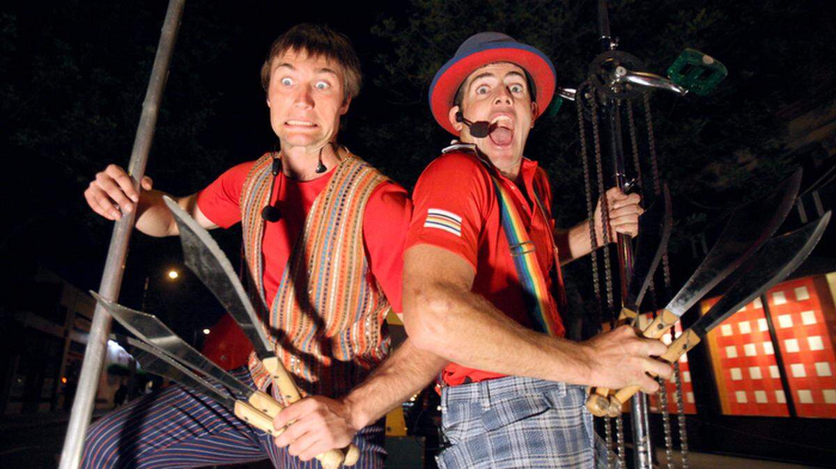 Jugglers/unicyclists Mark Wilder and Von Jon, known collectively as the street act Something Ridiculous, put on a show.