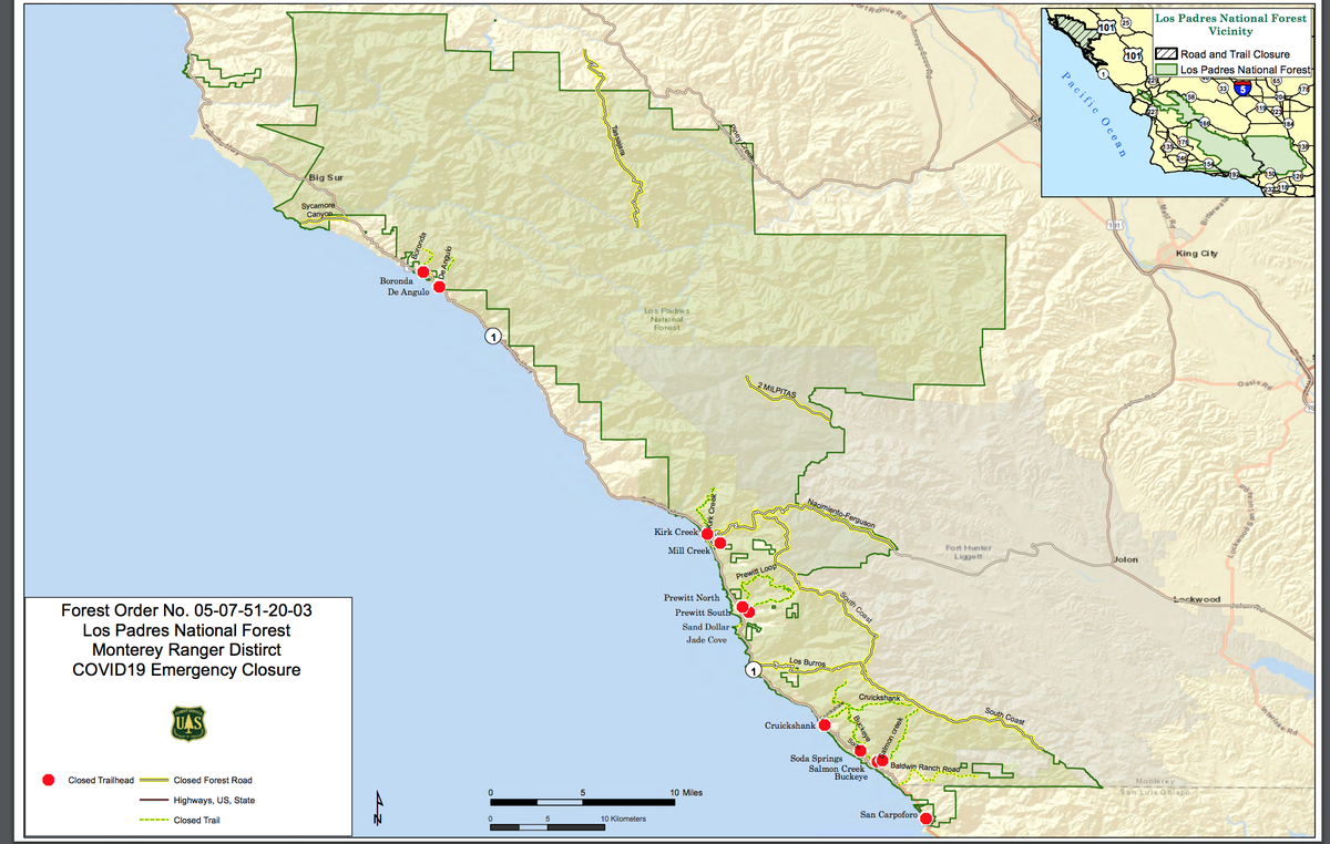 A Forest Service map indicates closures on Highway 1 in Monterey County.