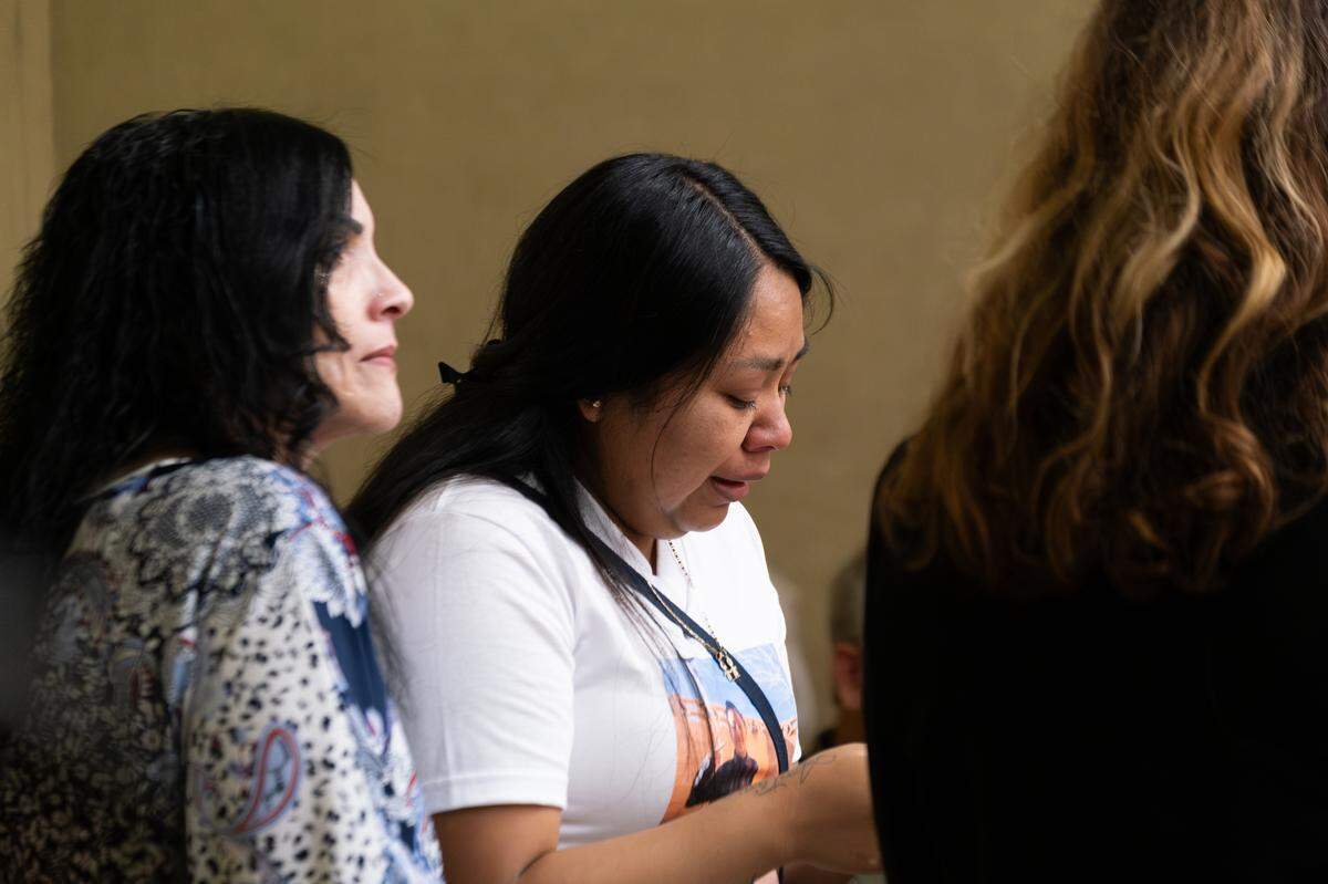 Maria Orozco cries as she gives a statement to the judge who was sentencing Zachary Bernal, the man who killed her 11-year-old son while he drove under the influence of fentanyl, in San Luis Obispo Superior Court on June 25, 2025.