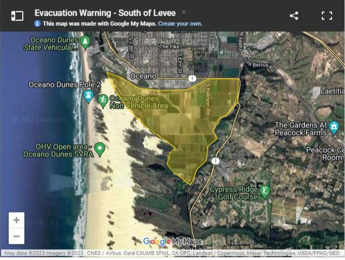 The San Luis Obispo County Office of Emergency Services issued an evacuation warning for Oceano residents living south of the Arroyo Grande Creek Channel for one mile and west of Highway 1.