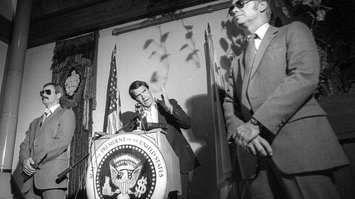 Comic impressionist Rich Little came to San Luis Obispo’s 1865 restaurant to promote an upcoming show at the California Mid-State Fair in Paso Robles. He was surrounded by actors playing Secret Service agents The preview was held on July 26, 1982.