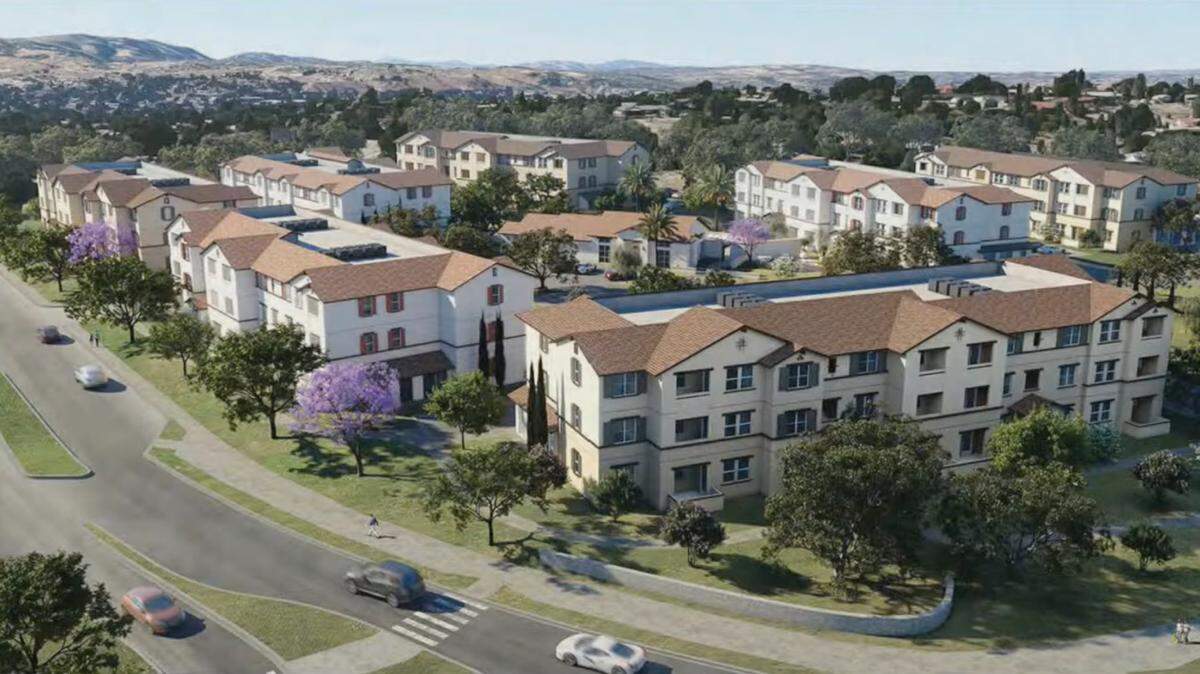 A rendering shows the Rolling Hills Apartment Project, a 135-unit multifamily housing complex at the intersection of Creston Road and Rolling Hills Road.