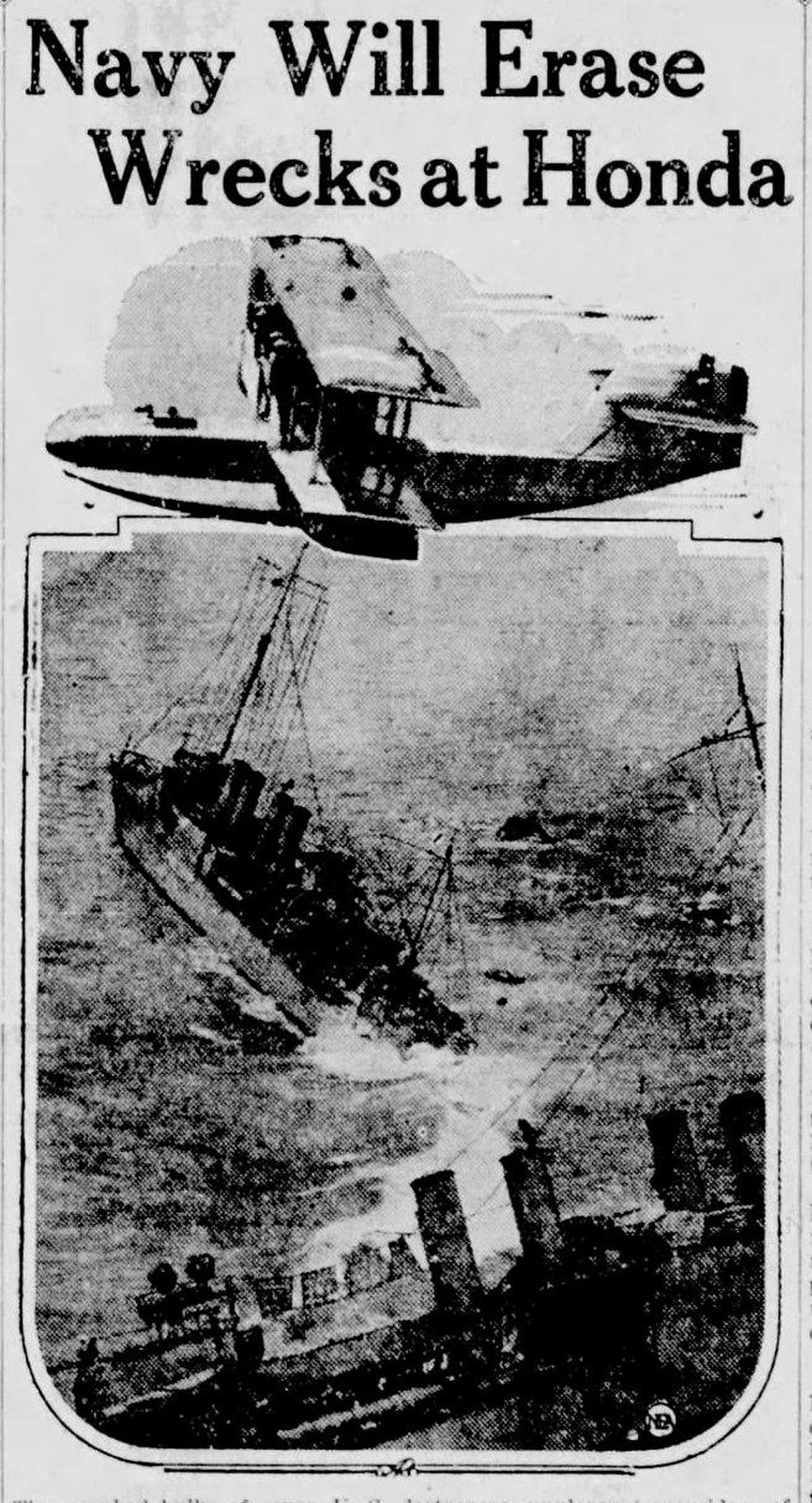 The wrecked hulks of seven U.S. destroyers, unpleasant reminders of the September night in 1923 when they were driven on the jagged rocks of Point Honda, Calif., carrying 23 men to their death, were expected to be blown to bits by a squadron of Navy seaplanes from San Diego in 1928. Above is one of the bombers, and two of the wrecked destroyers as they appeared at the time.