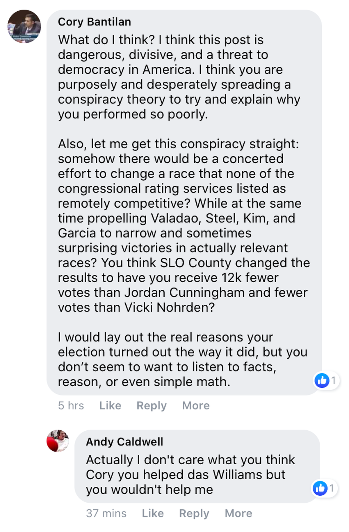 An exchange between Cory Bantilan, chief of staff for Santa Barbara County Supervisor Steve Lavagnino, and Andy Caldwell Nov. 23, 2020.