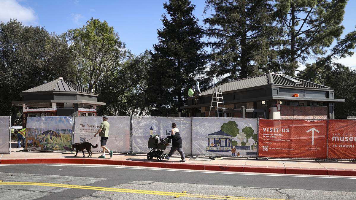 Work continues at Mission Plaza upgrades on March 9, 2026. At left is a cafe kiosk and at right new restrooms.