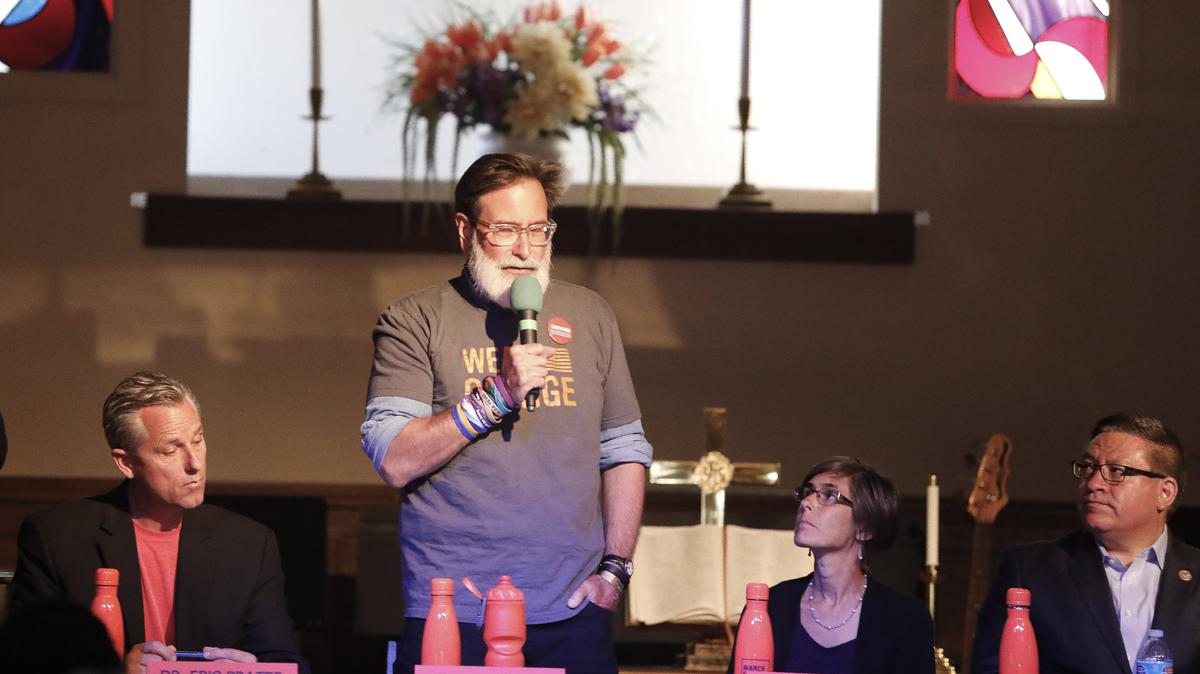 A town hall meeting on gun safety held May 26 at the United Church of Christ in San Luis Obispo, was hosted by student organizers of March for Our Lives and the Women's March.  Speakers from left, Dr. Eric Prater, SLCUD Superintendent; Richard Martinez, Everytown for Gun Safety representative; Andy Pease, SLO City Councilperson; and California State Rep. Salud Carbajal.