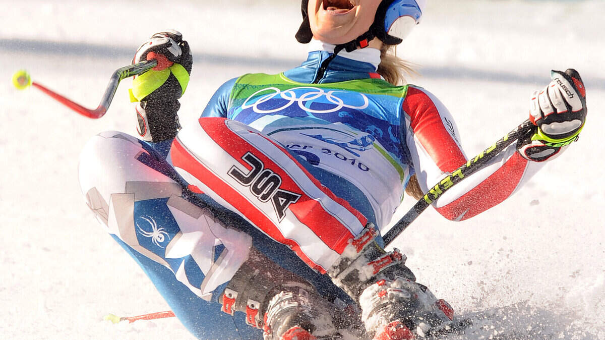Skier Lindsey Vonn of the United States celebrates after winning a gold medal in the women's downhill during the 2010 Winter Olympics in Whistler, British Columbia, on Wednesday, February 17, 2010. (Wally Skalij/Los Angeles Times/MCT)