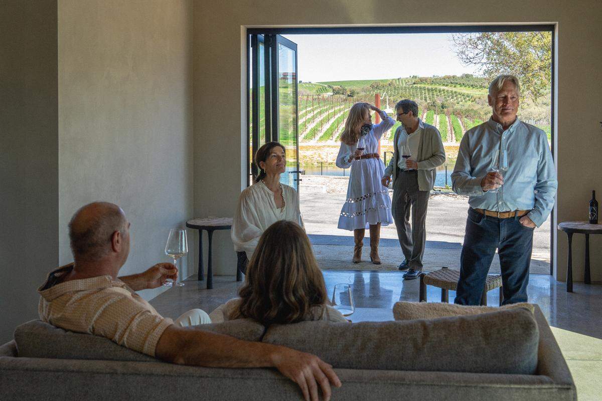 Truss Wines’ newly renovated tasting room features vineyard views and comfortable seating in Paso Robles, California.