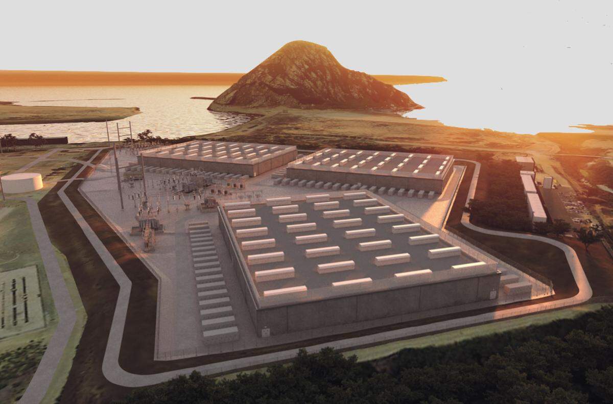 A 2021 rendering shows the proposed plan for a 22-acre battery storage plant at the site of the Morro Bay Power Plant’s old oil tanks.