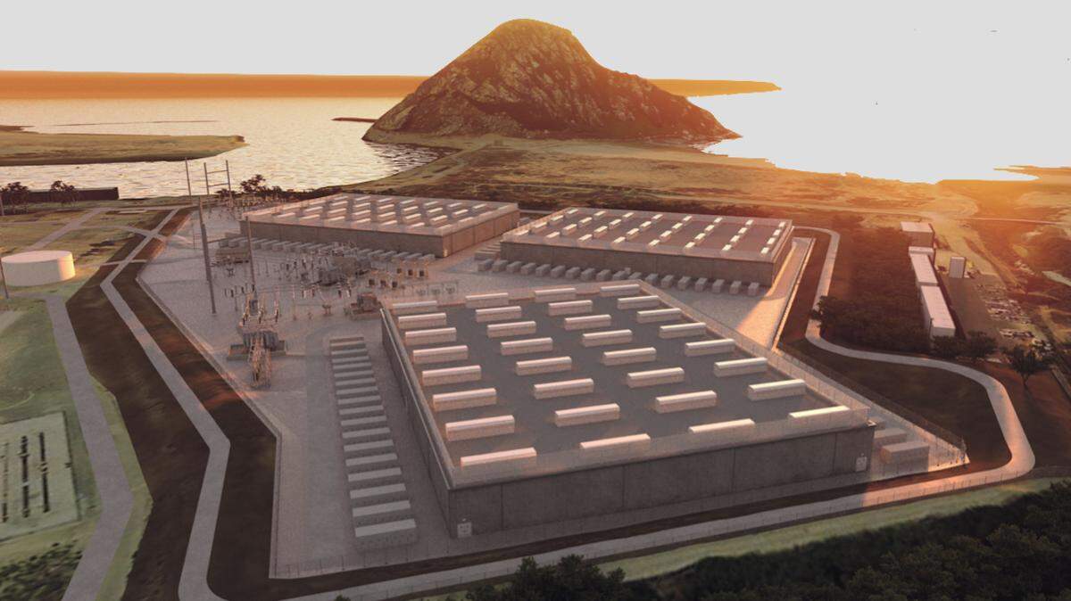 A rendering illustrates how a proposed 22-acre batter storage plant would look at the site of the Morro Bay Power Plant’s old oil tanks.