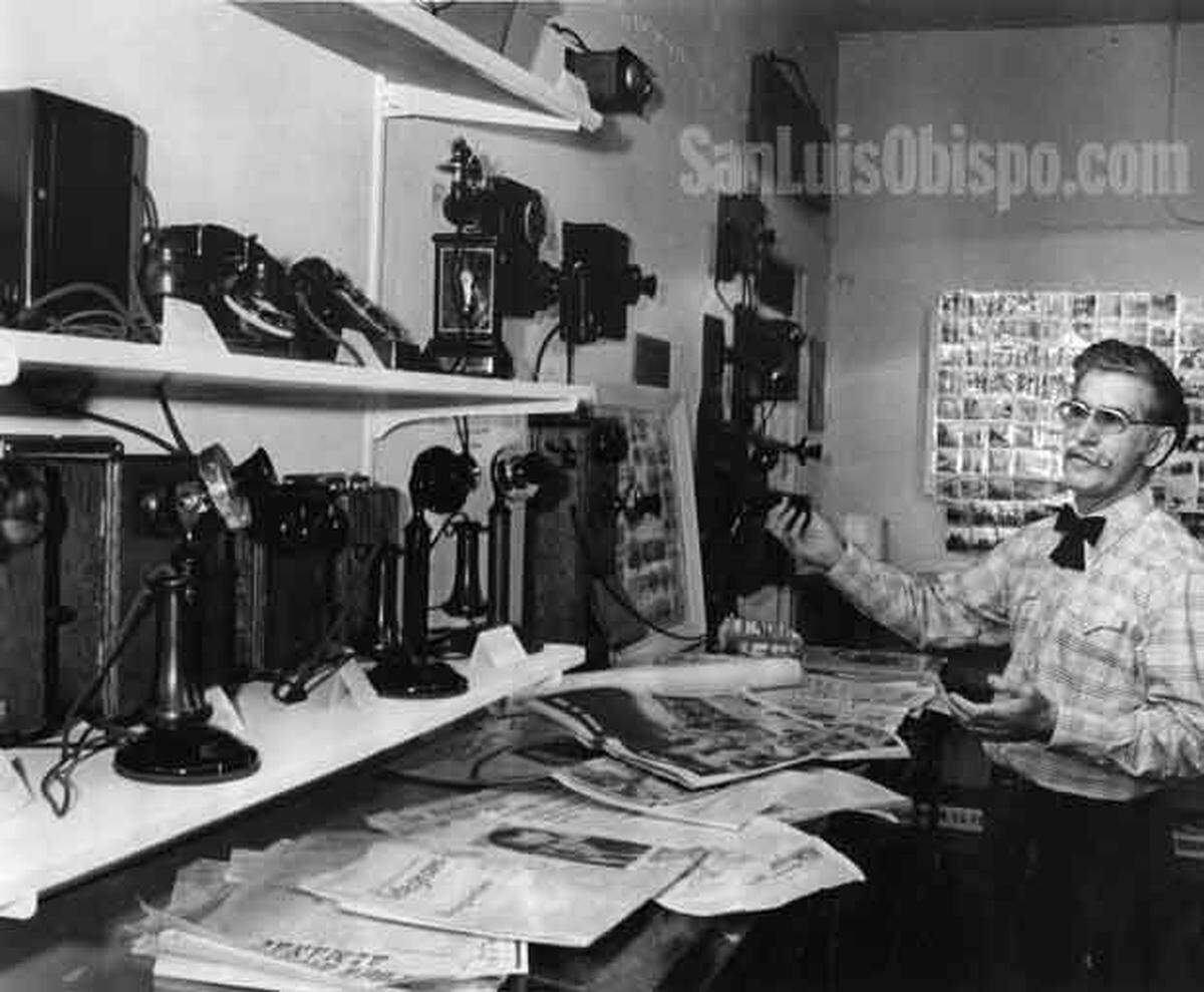 Telephones once used in San Luis Obispo homes now wait for calls at their home in Gene Reis' new museum April 15, 1975.