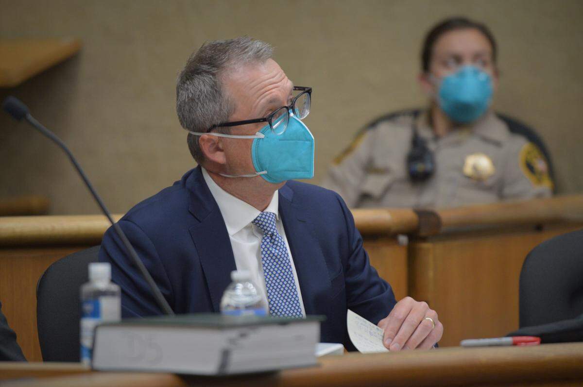 Deputy state Attorney General Seth McCutcheon argues against a defense motion to disqualify San Luis Obispo County prosecutors from the murder case against Paul Flores, accused of killing Cal Poly freshman Kristin Smart, and Flores’ father Ruben, at a court hearing Aug. 25, 2021.