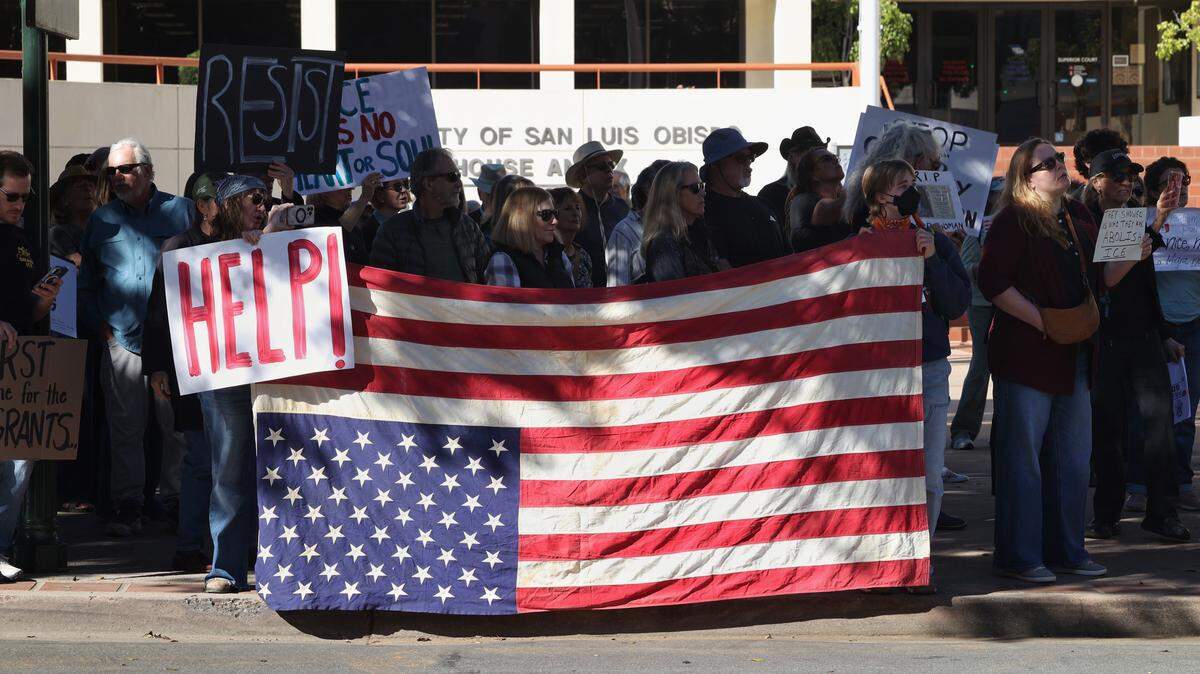 Protesters gathered outside the San Luis Obispo County Board of Supervisors TRUTH Act forum on Jan. 27, 2026. The District Attorney’s Office cautioned its employees to avoid the area.