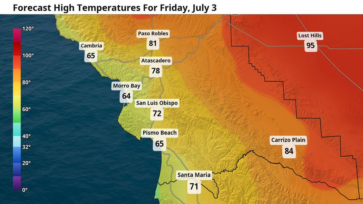 Forecast high temperatures for Friday, July 3