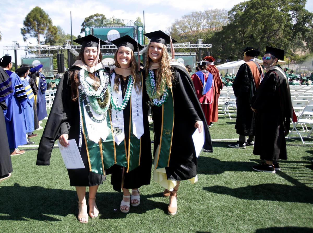 New graduates pose for a photo op are from left, Ashley Hiraki, Sarah Jacobson and Melissa Paich. Cal Poly in San Luis Obispo celebrated the Class of 2025 with commencement ceremonies the weekend of June 14, 2025. The university’s six colleges had a total of 6,821 graduates.