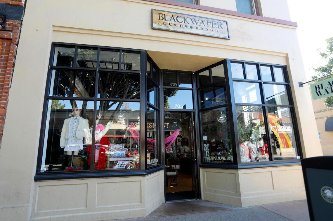 Storefront of Blackwater vintage shop on Higuera Street in San Luis Obispo. Vintage shops in downtown SLO buy and sell high-quality secondhand clothing and accessories.