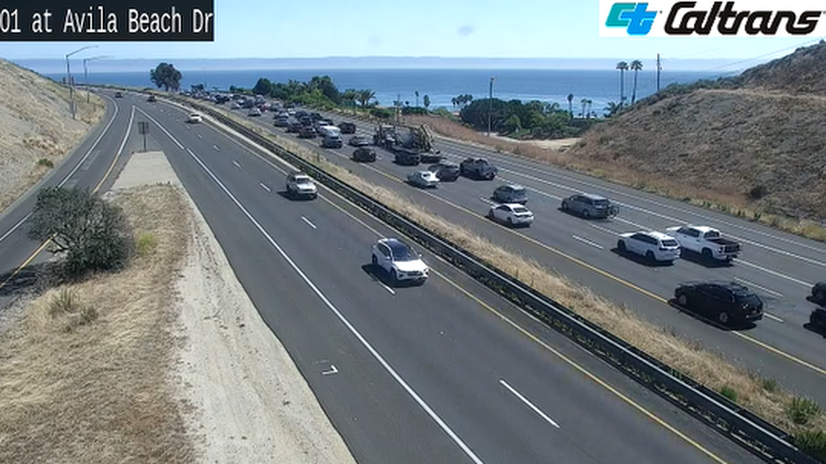 Traffic building along Highway 101 at Avila Beach Drive on Saturday, July 1.