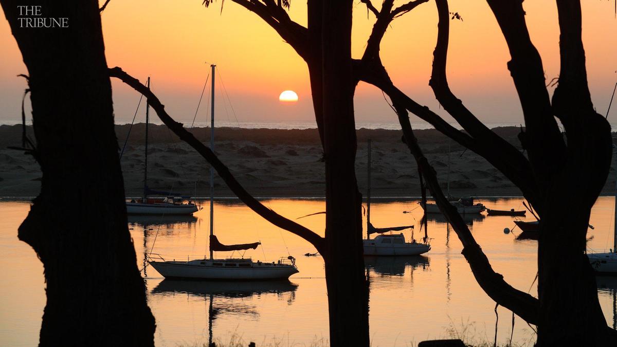 Sunset at Morro Bay, boats face inward in the marina as the tide goes out. Smoke from northern California wildfires in October 2017 contributed to red hazy sunsets.