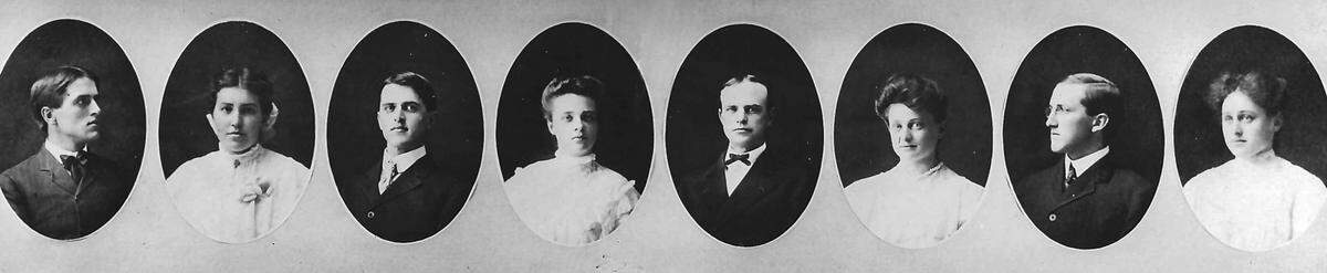 FIRST POLY GRADS…Boys and girls were evenly divided, four of each, in the first class to graduate from the California Polytechnic Institute—the year 1906. From left to right, Gus Wade, Lillian Fox, Henry Wade, Katherine Twombly, H Floyd Tout, Laura Righetti, Herbert H. Cox and Irene Righetti. Published in the May 11, 1956 Centurama Edition of the Telegram-Tribune.