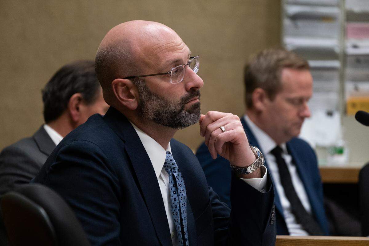 San Luis Obispo Deputy District Attorney Ben Blumenthal listens to closing arguments in the case against Stephen Deflaun in San Luis Obispo Superior Court on Apr. 18, 2023.
