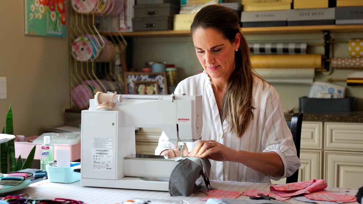 Cayucos nurse Stephanie Thomas sews masks for patients at Wilshire Home Health, where she works.