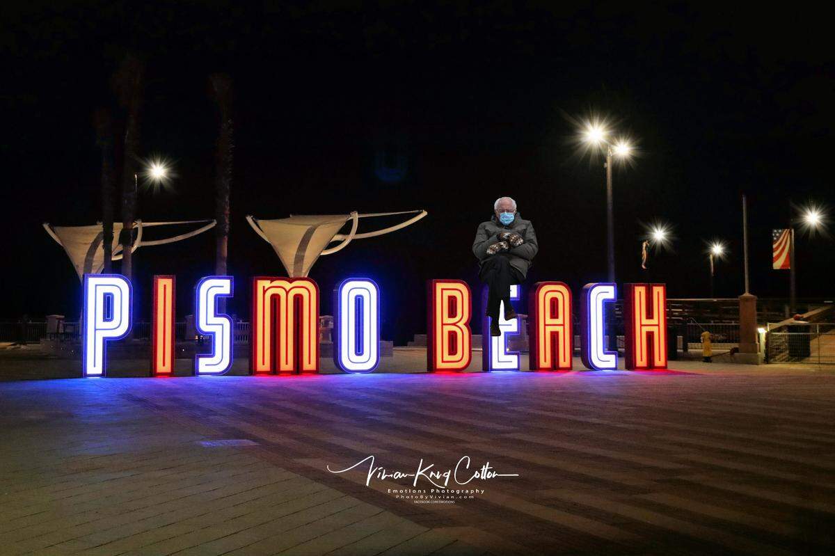Bernie Sanders “sitting” on the new Pismo Beach sign. 