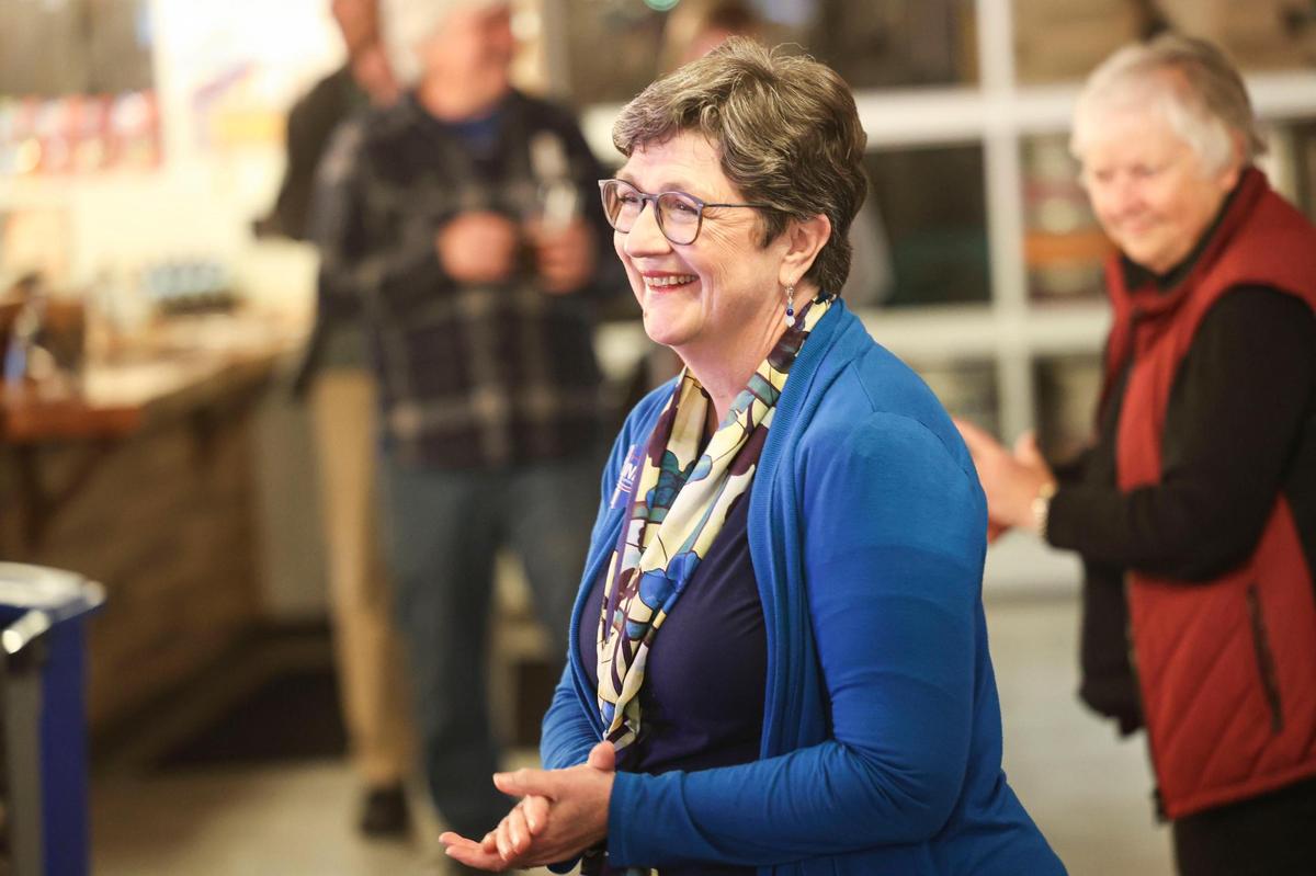 Susan Funk arrives at election night party March 5, 2024, at Wild Fields Brewhouse. She is running in District 5 race for San Luis Obispo County Supervisor.