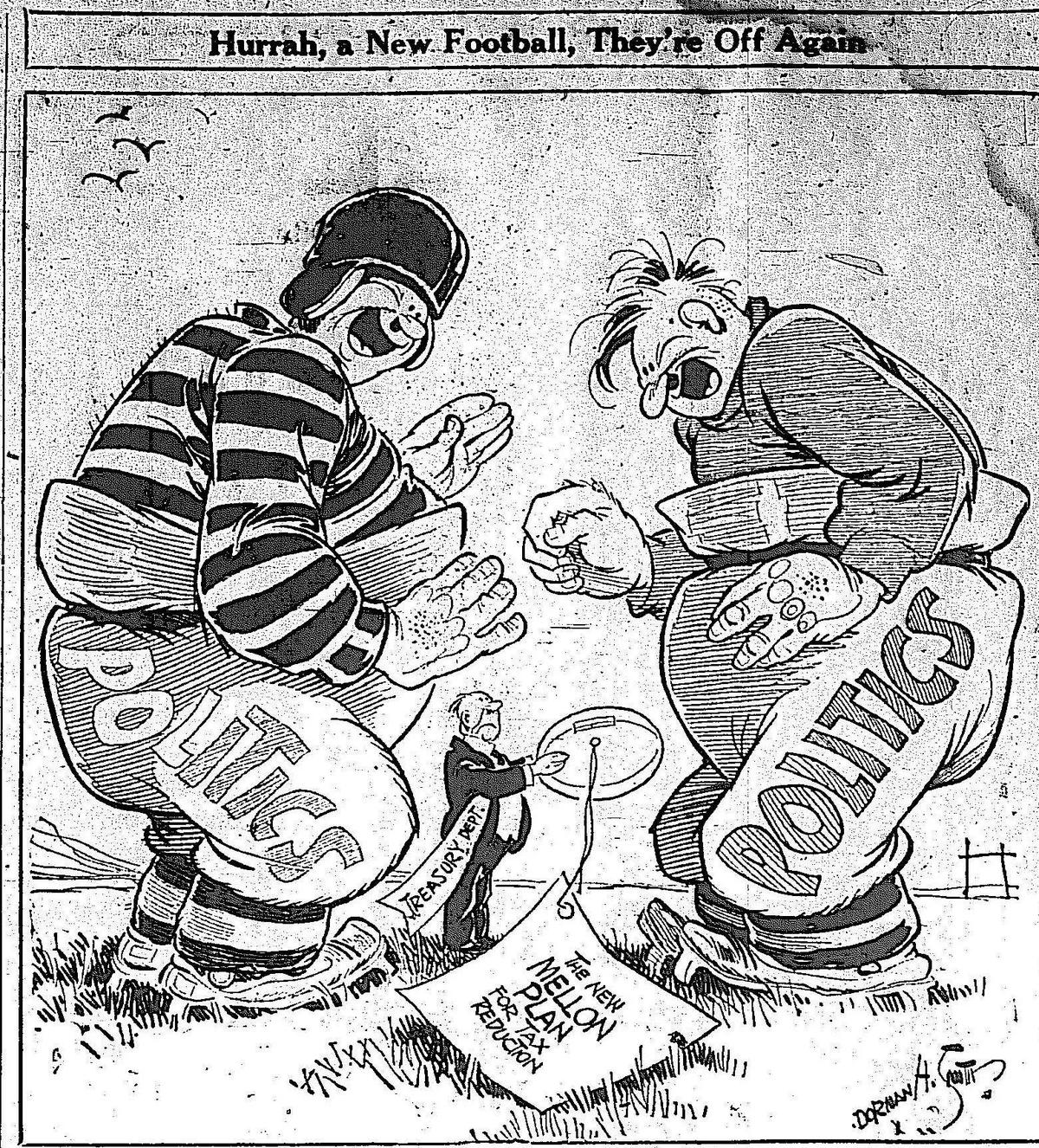 Dorman H. Smith published this cartoon in the Daily Telegram on Oct. 26 1925 outlining the problem of high taxes and how politicians play political football.