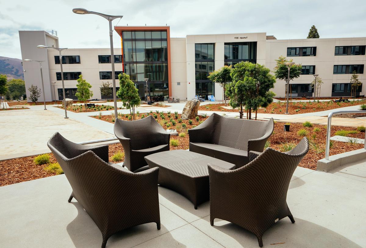 Cal Poly’s newest first-year residence hall community, yakʔitʸutʸu, opened in 2018 and features large outdoor spaces with plenty of room to sit and relax. It has room for nearly 1,500 students.