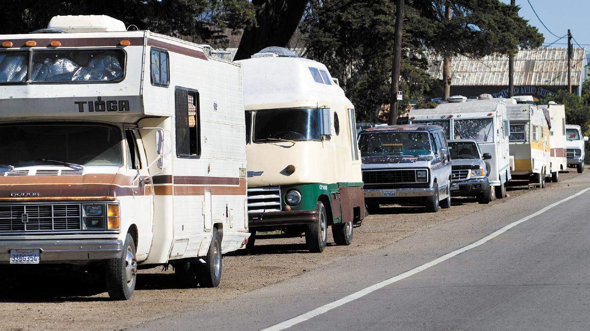 A line of cars on Prado Road, where many homeless gathered to live and sleep in their vehicles.