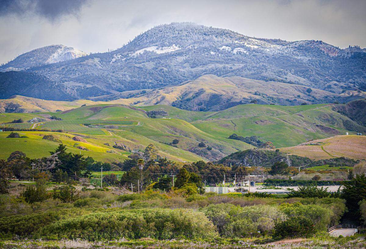 Snow dusts the hills above San Simeon on Tuesday morning thanks to a combination of freezing temperatures and overnight precipitation. (2020 photo)