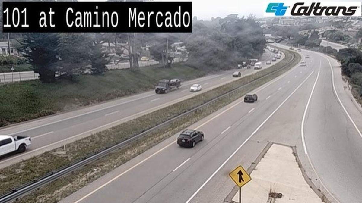 Southbound Highway 101 traffic was backed up Tuesday, May 12, 2026, due to a car crash involving a Nissan Sentra and a work truck, according to the California Highway Patrol. The crash was located just before the Halcyon Road exit.