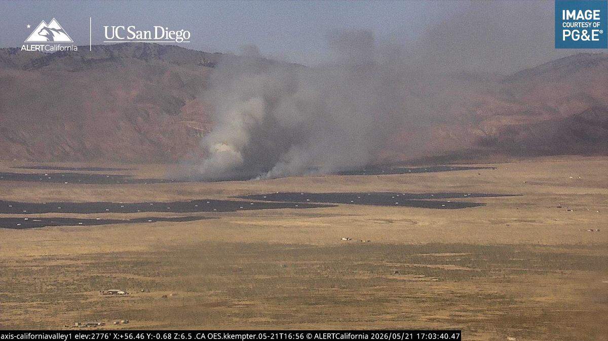 The Bear Fire ignited near a solar farm in the California Valley, sending up dark plumes of smoke in San Luis Obispo County on May 21, 2026.