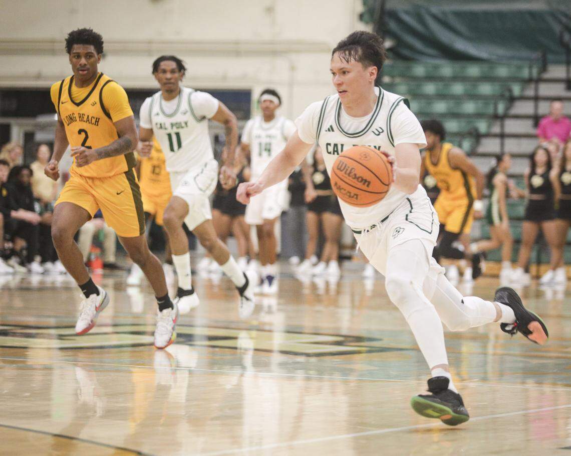 Peter Bandelj is out on a fast break. Cal Poly beat Long Beach State102-92 on Feb. 26, 2026.
