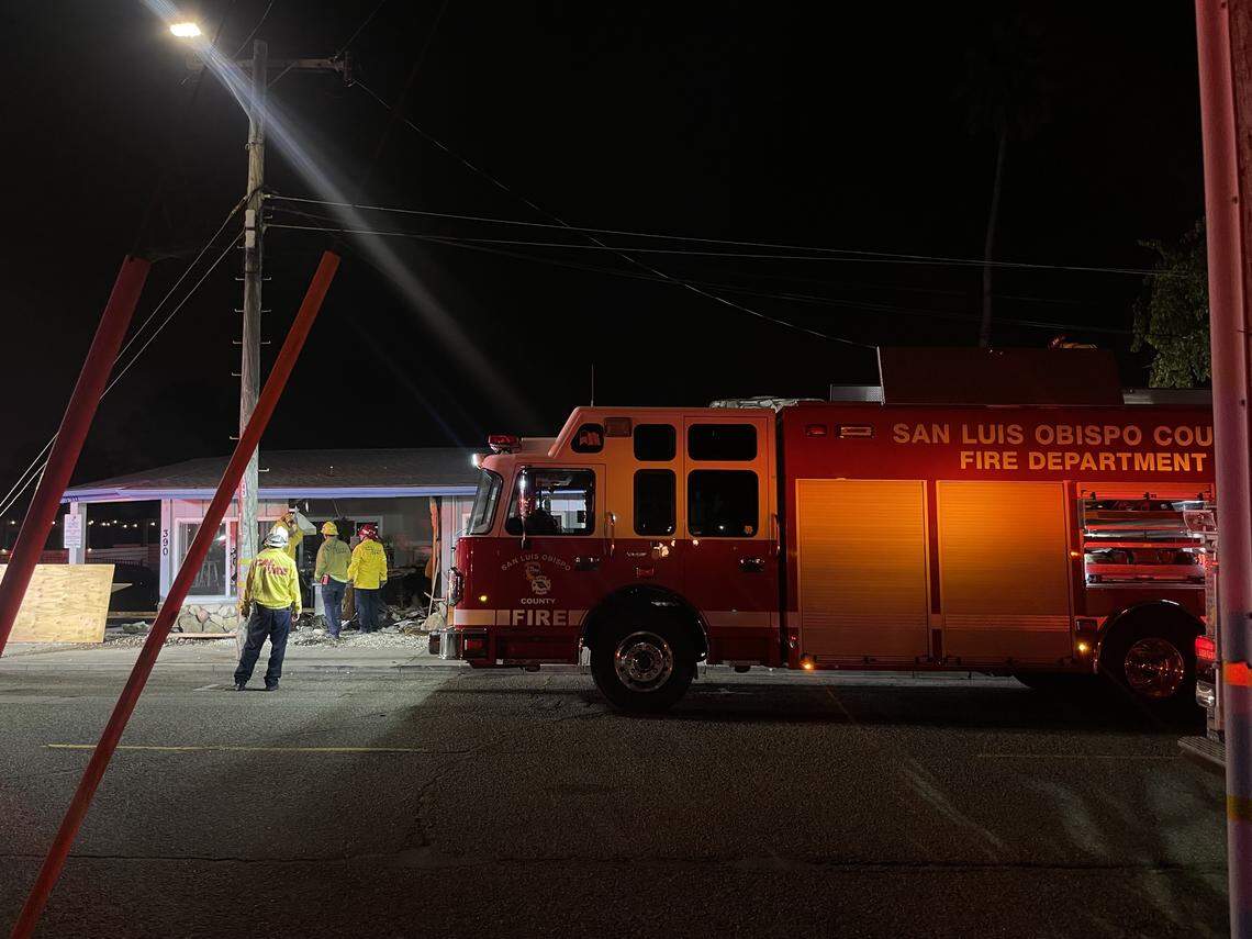 A car crashed into the Ocean Palms Motel in Pismo Beach on Sept. 24, 2025, injuring three people. The building was declared unstable and crews were working to clear the area.