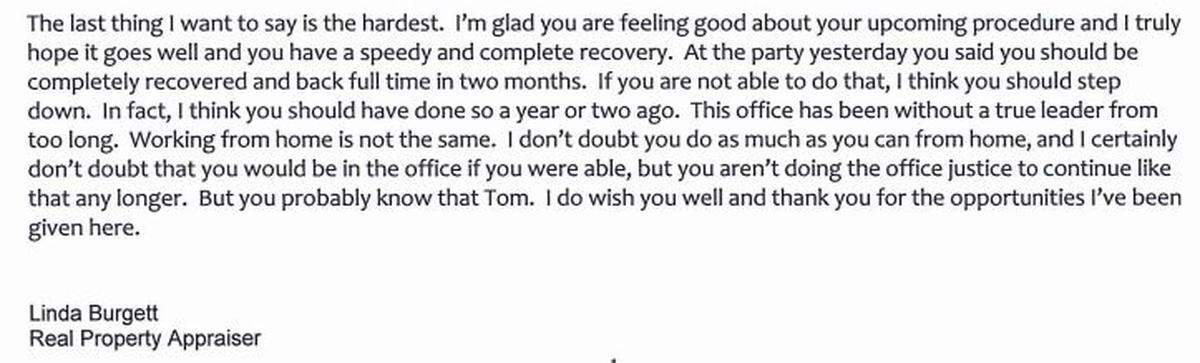 In an email dated Friday, December 16, 2016, Linda Burgett told Tom Bordonaro he should step down due to frequent absences.