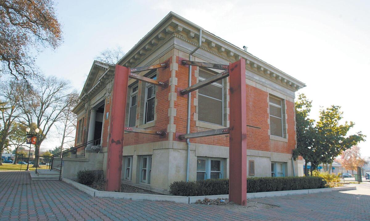The Carnegie Library, Dec 20, 2006 located in City Park, is an unreinforced masonry building constructed in 1907. The earthquake caused wall cracking, causing the building to be red-tagged. Steel reinforcing props up a cracked wall in the City Park in Paso Robles. It was damaged in the December 22, 2003, San Simeon Earthquake.