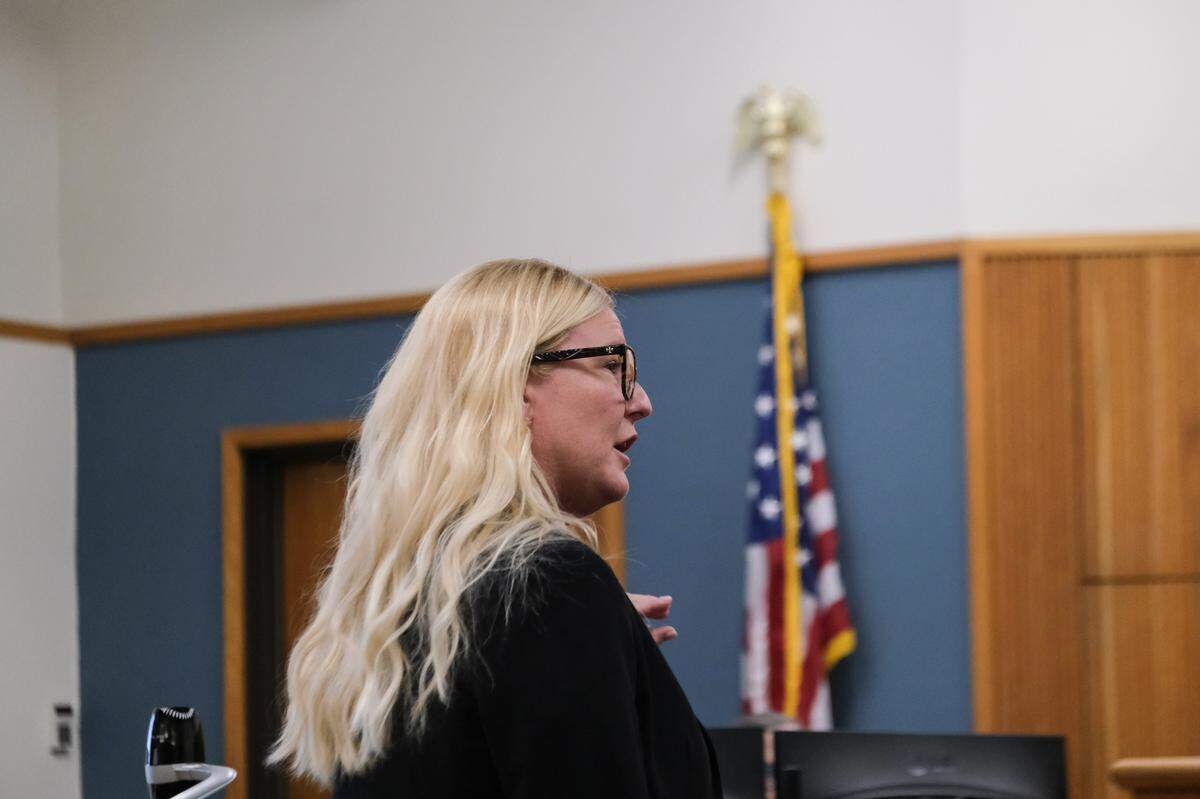 San Luis Obispo County Deputy District Attorney Kimberly Dittrich gives opening statements in the trial against Nathan Abate in San Luis Obispo Superior Court on Oct. 4, 2024. Abate is charged with sexually assaulting multiple women.